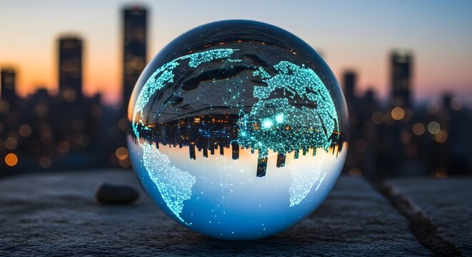 A reflective sphere showing a glowing blue world map, set against a blurred city skyline at dusk, symbolizing global connection and technology.
