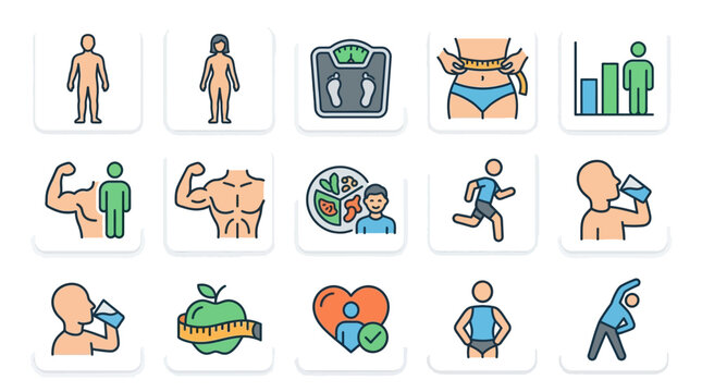 Corporate Infographic Icons Showing Health Fitness and Wellness Metrics with Colorful Illustrations of People and Tools