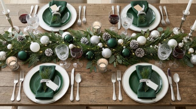 Elegant Christmas table setting with festive garland and pine cones