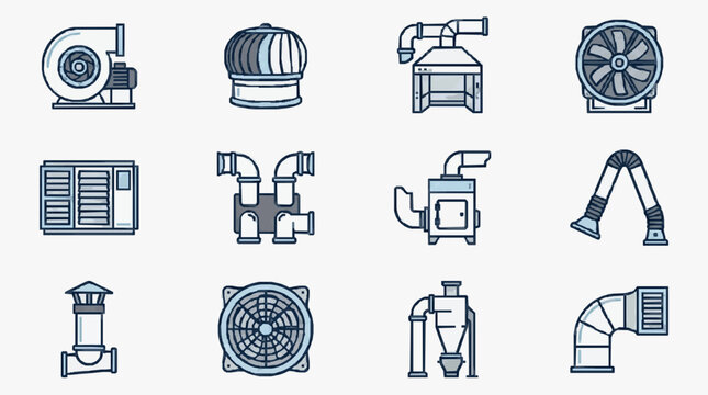 Sleek Monochromatic Line Art Collection of Industrial Ventilation and Air Handling Equipment Icons
