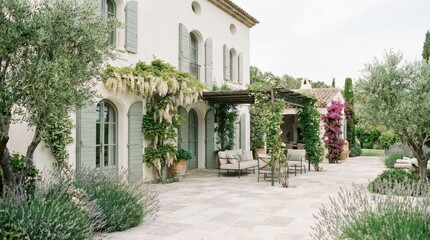 Obraz premium Charming Mediterranean villa with blooming wisteria and olive trees