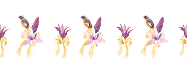 Bird perched among magnolia flowers, buds and golden ribbon bows watercolor seamless border. Floral composition in pastel colors, hand painted botanical design for fabric, wallpaper and wrapping paper © Ekaterina