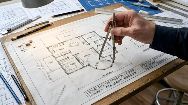 Architect hand drawing house blueprint with compass, drafting table with tools