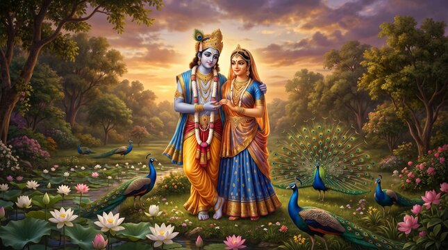 Divine hindu deities radha and krishna standing together in a lush garden with peacocks and lotus flowers
