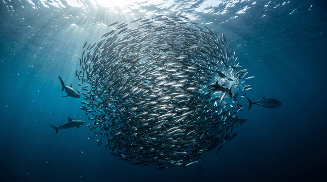 A massive bait ball of sardines swimming in the deep blue ocean, surrounded by predatory sharks and tuna hunting the school of fish, with sunlight streaming from the surface