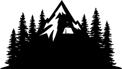 Mountain and Pine Forest Silhouette Vector Illustration for Outdoor Adventure Design © Rezowan 