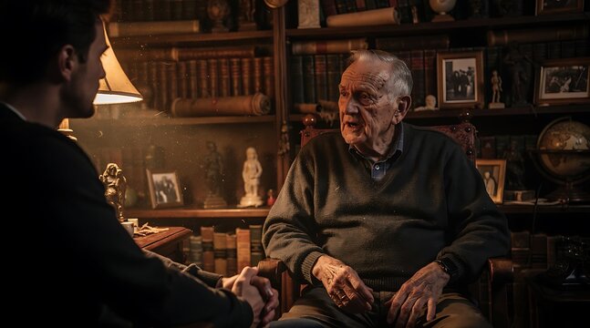 An elderly man sharing wisdom with a younger person in a cozy dimly lit library.