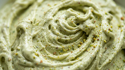 Fototapeta premium Macro view of artisanal pistachio ice cream with swirls and crushed nuts.
