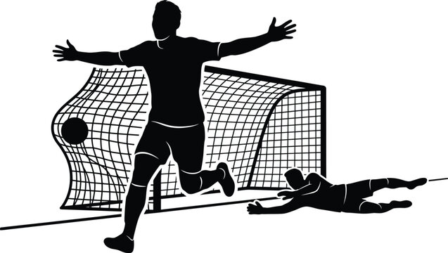 Soccer player celebrating goal scored silhouette vector illustration, football striker with open arms running from goalpost net and defeated goalkeeper stencil