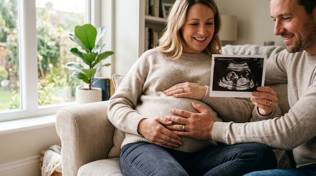 Pregnant couple holding ultrasound photo, excited for baby