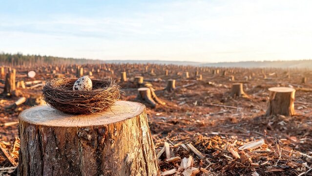 Nest on tree stump in deforested area shows impact of logging on wildlife and land