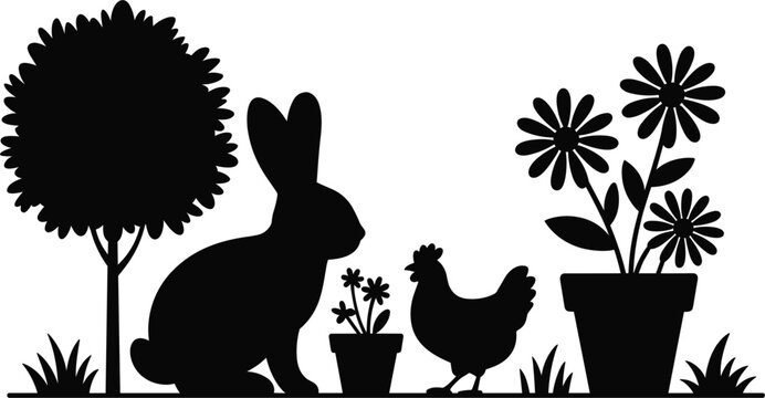 Easter bunny and chicken garden silhouette vector, spring holiday elements, flowers isolated graphic illustration template