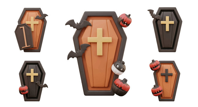 Bats fly out of old coffins with crosses on Halloween night