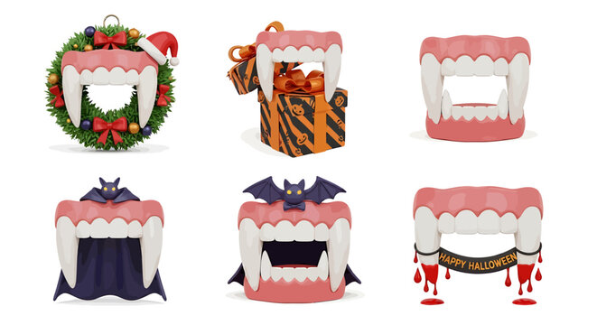 Teeth ornaments are displayed in various costumes on a white surface
