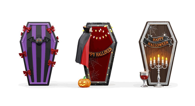 Three halloween coffins are open on a spooky night outside