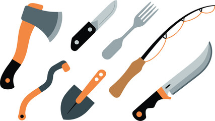Camping equipment vector set, outdoor adventure survival tools, fishing rod axe knife shovel isolated graphic © Sohel