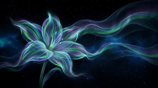 Glowing neon flower composed of vibrant purple and green light ribbons flowing gracefully across a dark cosmic background filled with tiny distant sparkling white stars