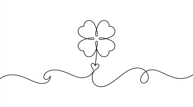 Continuous line art four leaf clover vector with elegant single line wave stroke for minimalist St Patricks Day greeting cards