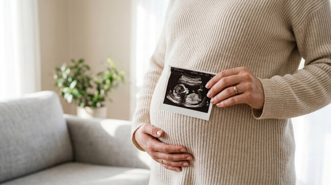 Pregnant Woman Holding Ultrasound Photo of Baby on Belly
