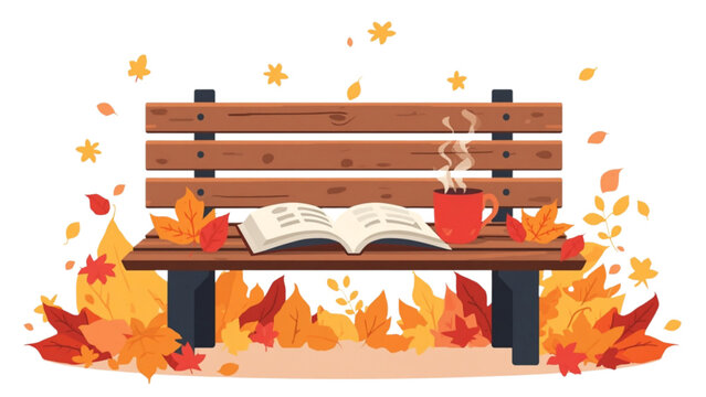 Autumn park bench vector illustration featuring open book tea cup pumpkins and colorful fall foliage maple leaves cozy scene