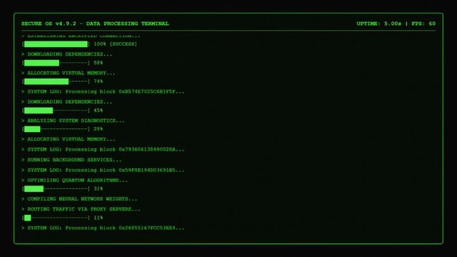 Secure OS Data Processing Terminal Neural Network Quantum Dashboard Animation Green Code Loop.