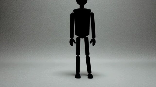 Clean minimalist stick figure animation of a human shifting from sitting to standing, smooth transition, white background