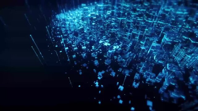 A data-driven visualization of a modern smart city concept, featuring dynamic blue energy waves that transform into a 3D digital city model with glowing blue skyscrapers.