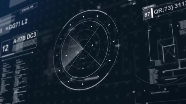 The visuals are dominated by dark blue and white, featuring rotating 3D data schematics, scanning radar, scrolling lines of programming code, and various technical text elements.