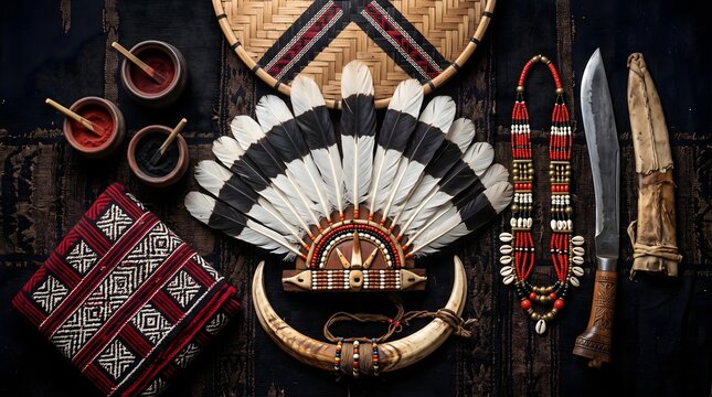 chinese opera mask Nagaland Hornbill Festival Traditional Tribal Warrior Costume Flat Lay Overhead