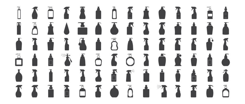 Spray and pump bottle silhouette vector icon set containing cleaning sprayers, liquid soap dispensers, cosmetic lotion containers, household chemical product outline graphics.