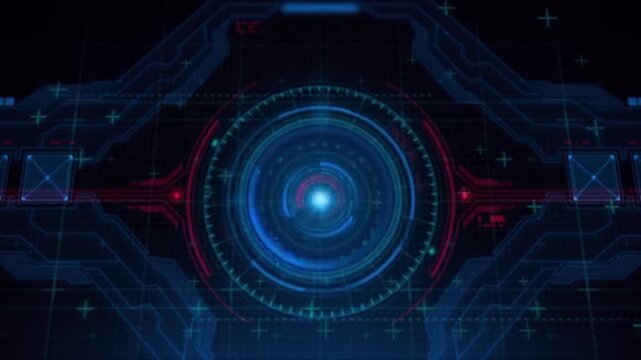 A sophisticated HUD (Heads-Up Display) visual interface featuring digital circular elements, data scan graphics, and dynamic blue-and-red holographic effects.