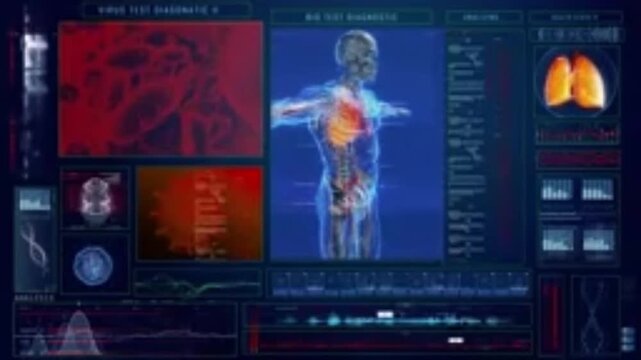 At the center, a transparent 3D anatomical model of the human body rotates 360 degrees, revealing the lungs and heart glowing red, indicating areas of infection or points of in-depth analysis.