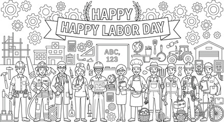 Fototapeta premium Happy Labor Day Coloring Page Set with Diverse Profession Characters Essential Workers Tools and Celebration Banner Outline Vector Illustration