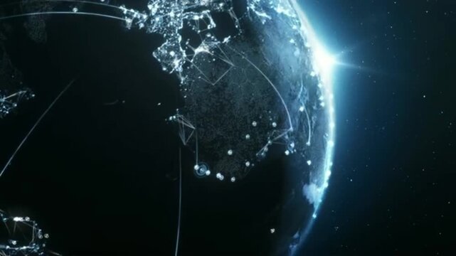 Lines of data, nodes, and beams of neon-blue light envelop the continents, illustrating real-time data transfer, global internet connectivity, artificial intelligence, 5G 6G technology,