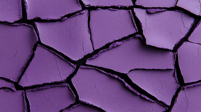 Close-up of cracked purple paint on dry wall surface with irregular patterns and textured finish
