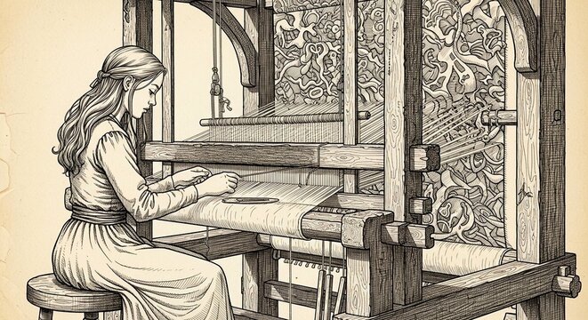 Woman operating antique printing press in workshop
