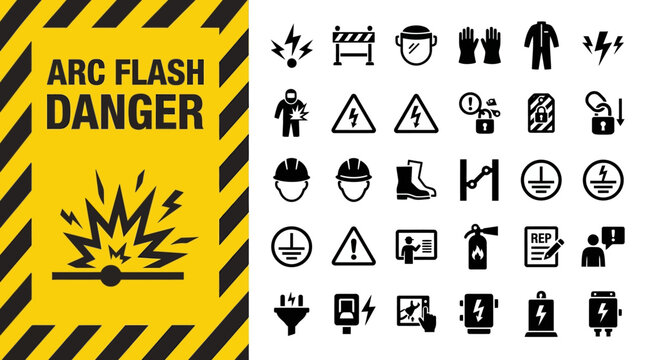Electrical hazard warning icon set with arc flash danger sign and personal protective equipment safety symbols