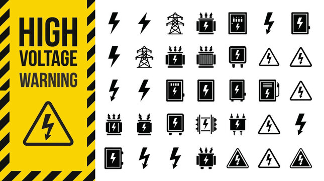 Vector set of electrical high voltage warning signs and power equipment icons for safety signaling