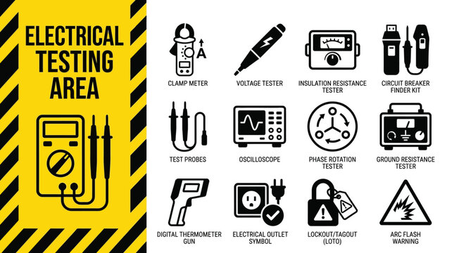 Comprehensive Set of Industrial Electrical Testing Equipment and Safety Warning Icons for Maintenance and Diagnostic Procedures