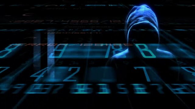 The background is filled with digital data visualizations, rapidly moving binary numbers, programming code, and a flickering holographic skull with a glitch effect.
