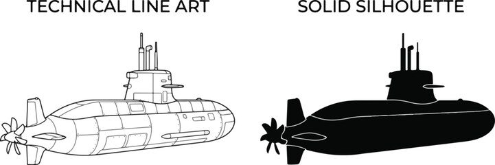 Obraz premium Black and White Military Submarine Vector Set Featuring Detailed Technical Line Art and Solid Silhouette on Clean White Background