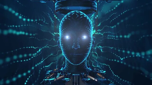 A geometrically textured android or cybernetic humanoid with brightly glowing eyes, radiating an aura of profound intelligence.