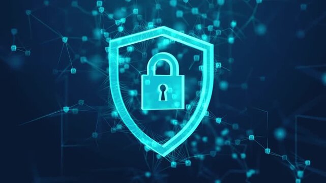 A padlock icon within a neon blue hologram shield. This visual symbolizes strong cybersecurity, data encryption, digital privacy protection, and a secure blockchain network.