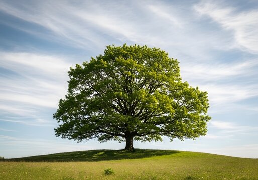 Solitary majestic oak tree standing on a green grassy hill under a blue sky