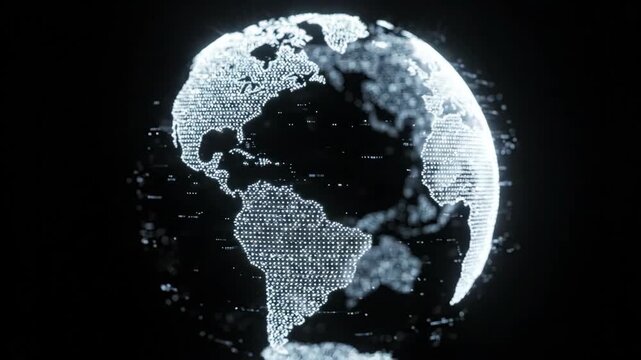 Digital holographic globe rotation with illuminated continents and glowing dots showing countries in futuristic technology on dark background