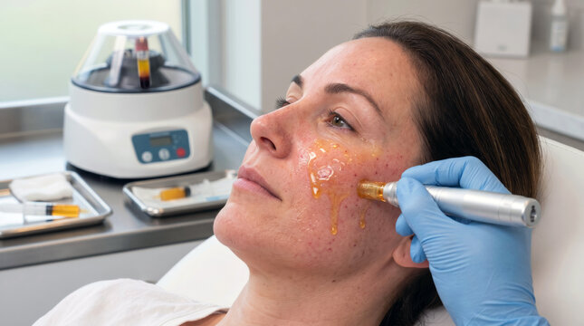 Practitioner applying platelet-rich plasma serum to woman's face during PRP treatment, with clinical equipment and separated plasma tubes visible in a modern aesthetic setting. Skincare therapy