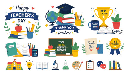 Happy Teacher's Day vector greeting badges and school education clip art set featuring trophy graduation cap and stationery © Sakhawat Hossen 