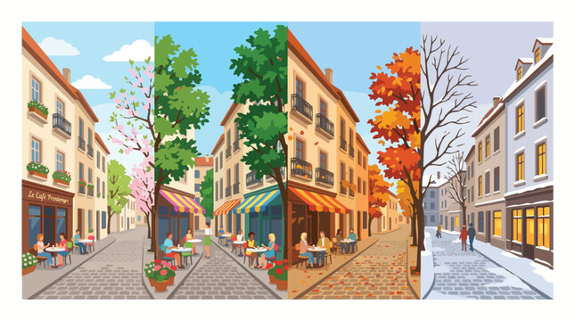 Four panels showing a charming European street cafe scene during the changing seasons of spring summer autumn and winter weather