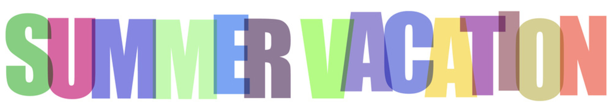 Colorful translucent stacked lettering spells out summer vacation isolated on transparent background