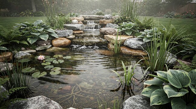 Beautiful Serene Garden Pond with Cascading Water Feature and Lush Greenery.